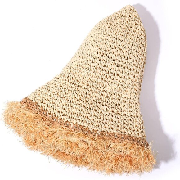 Womens Straw Hat Beach Sun Hat Frayed Crochet Foldable Straw Bucket Hat Summer F - Picture 6 of 7